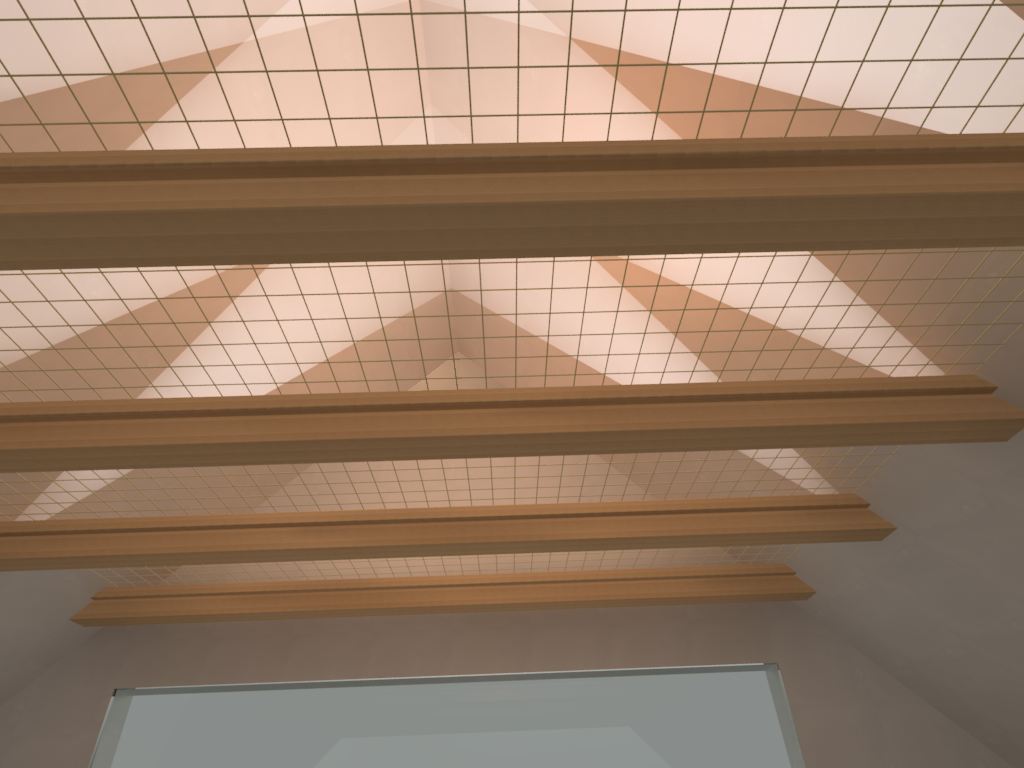 3D vizualizace loftové sítě napnuté mezi krovovými trámy
